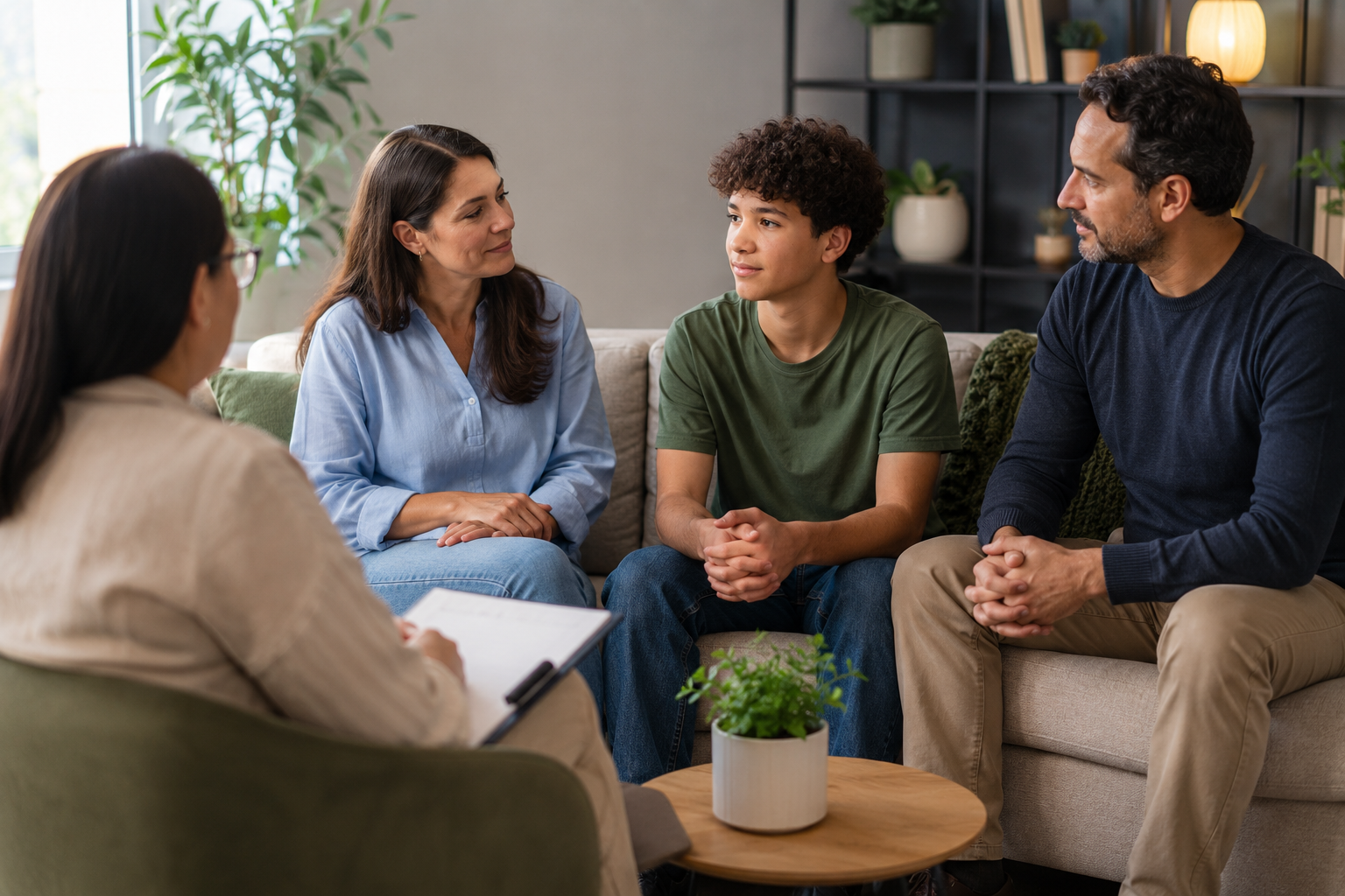 A family taking part in a supportive counseling conversation